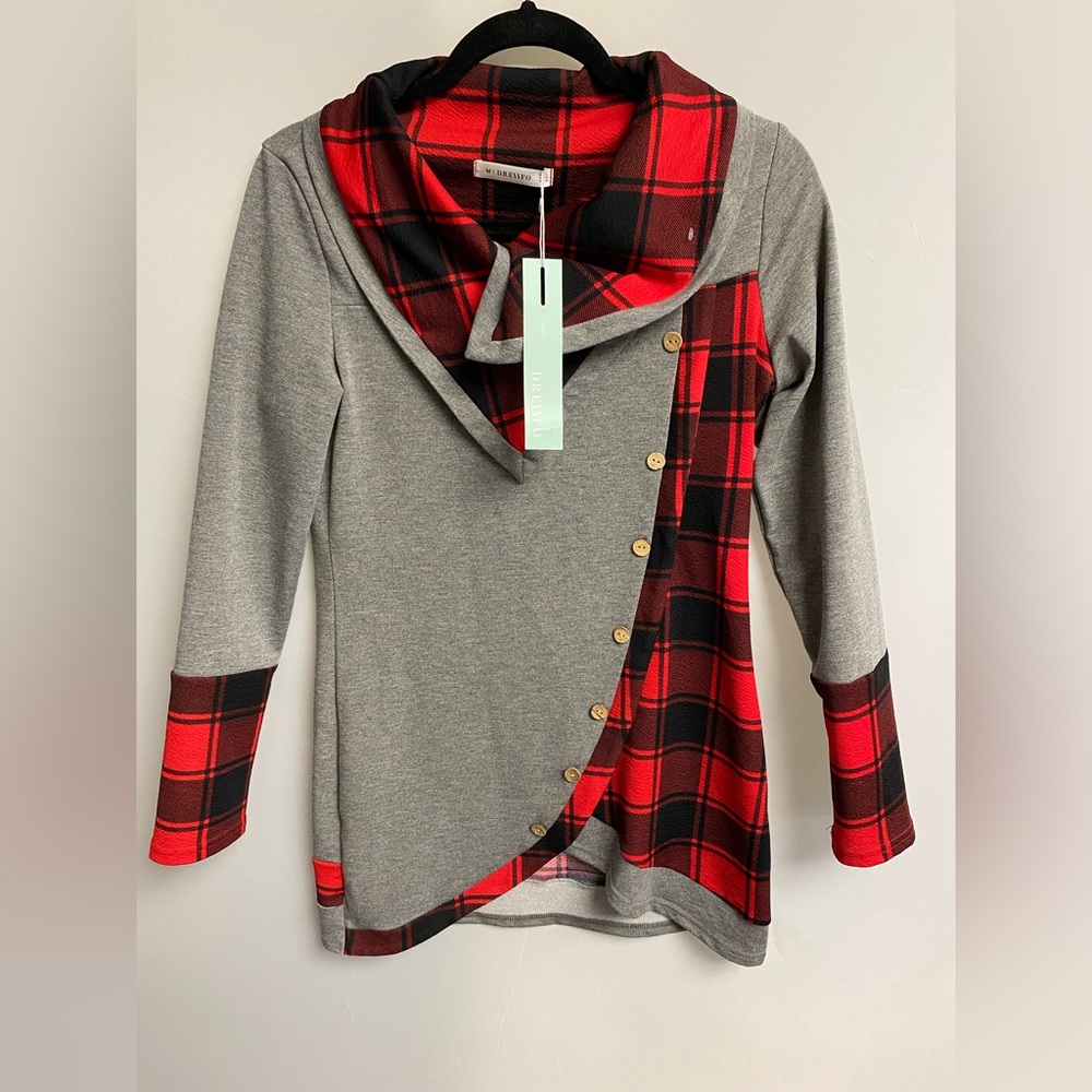 Midresso Grey with Coloured Checkered Colour Long Sleeve Top - Ladies Size 6